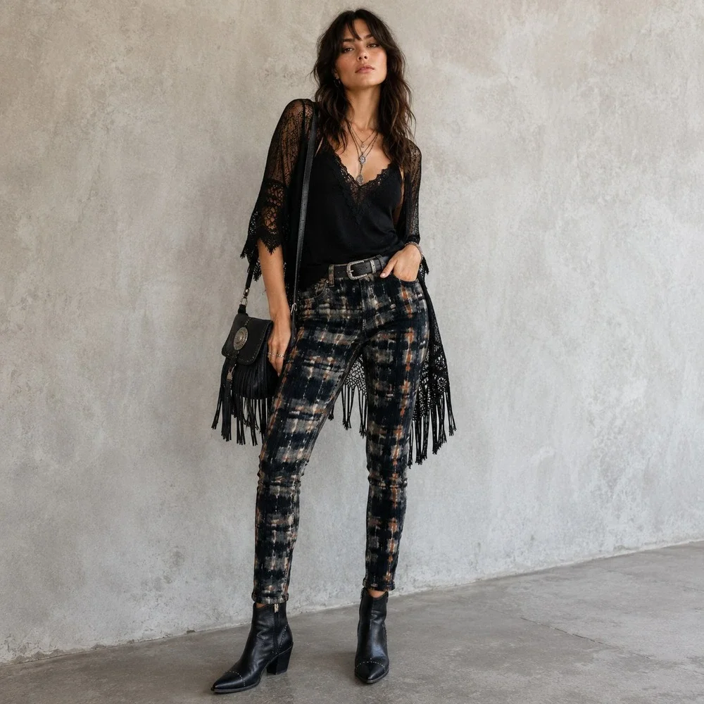 Free People Tie Dye Corduroy Pants 29 Skinny Stretch Boho Festival Y2K Chic